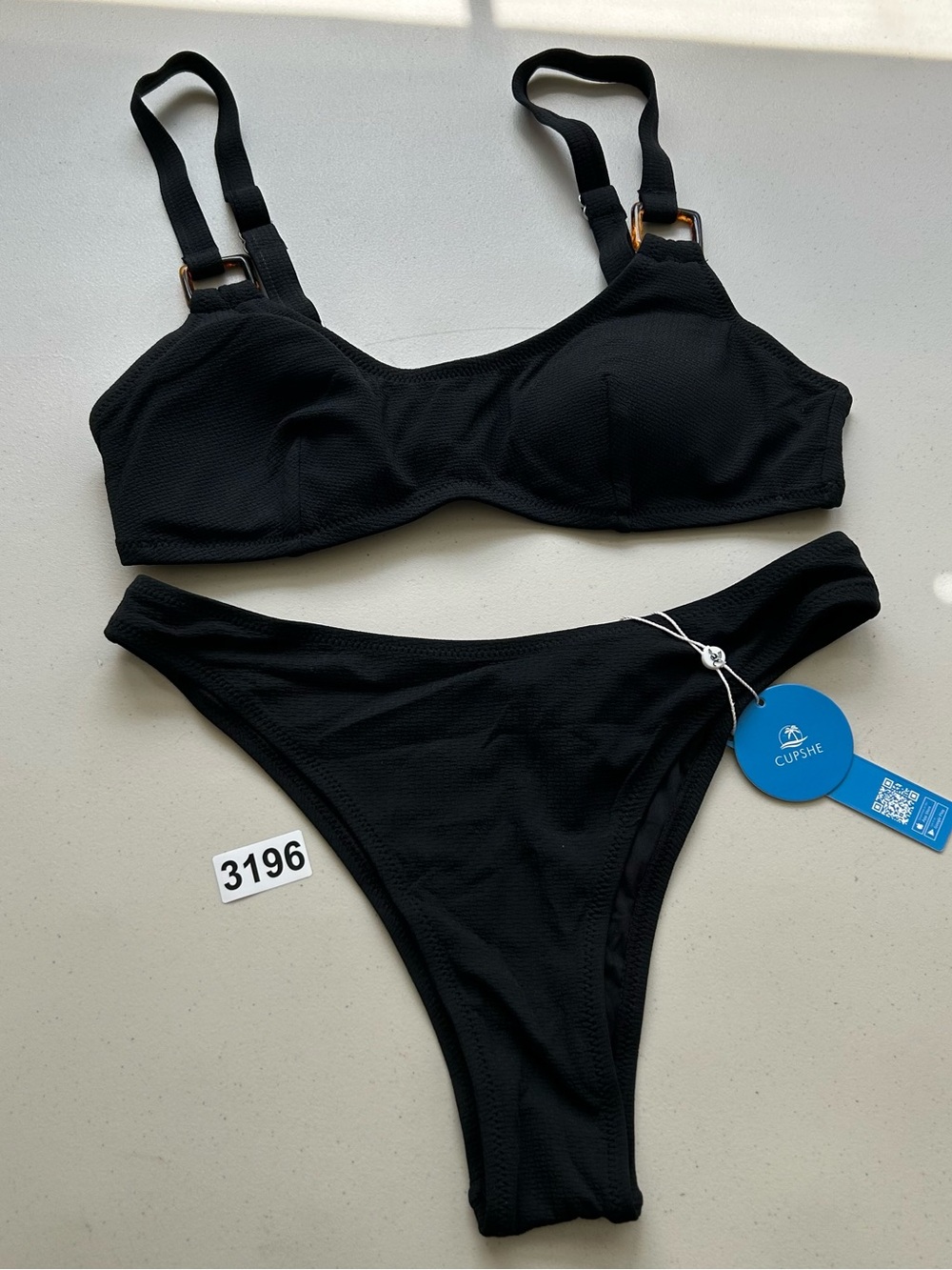 Cupshe Bikini Set Medium Black Ribbed Swimwear New - Picture 1 of 7